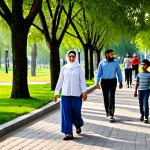 A diverse group of adults and children from an Arab community, fully clothed in modest, appropriate attire, are engaged in light physical activity and positive social interaction in a vibrant, clean public park. Some individuals are walking along a paved path, others are interacting near a lush green space, and children are playing safely in the background. The scene conveys a strong sense of well-being, community spirit, and proactive health. The park features ample greenery, modern lighting fixtures, and well-defined pathways. Perfect anatomy, correct proportions, well-formed hands, natural poses. High-quality professional photography, bright natural lighting, sharp focus. Safe for work, appropriate content, family-friendly.