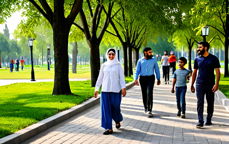 A diverse group of adults and children from an Arab community, fully clothed in modest, appropriate attire, are engaged in light physical activity and positive social interaction in a vibrant, clean public park. Some individuals are walking along a paved path, others are interacting near a lush green space, and children are playing safely in the background. The scene conveys a strong sense of well-being, community spirit, and proactive health. The park features ample greenery, modern lighting fixtures, and well-defined pathways. Perfect anatomy, correct proportions, well-formed hands, natural poses. High-quality professional photography, bright natural lighting, sharp focus. Safe for work, appropriate content, family-friendly.