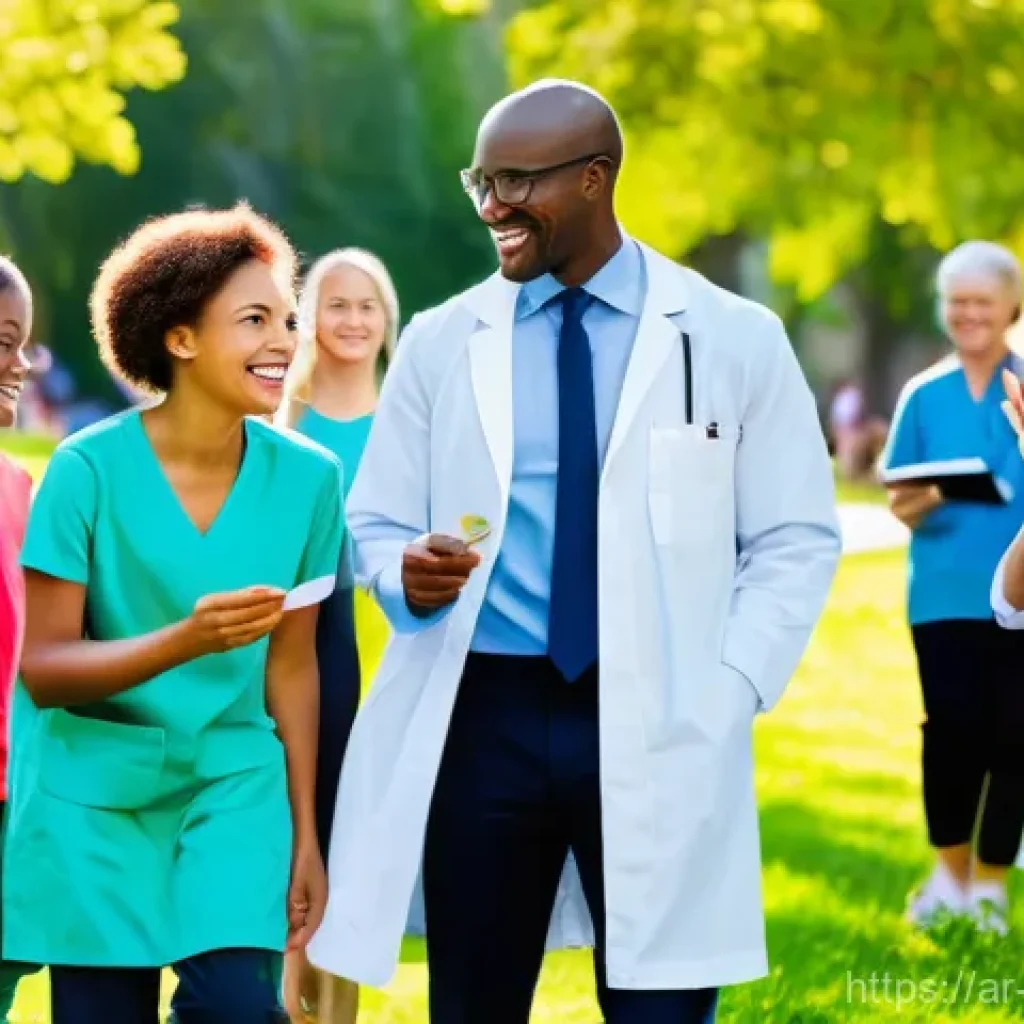 예방의학 직업 전망 분석 - **Prompt:** A vibrant and diverse community health fair taking place outdoors in a modern city park....
