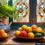 예방의학 전문가 필수 이론 정리 - A vibrant and colorful Arabic kitchen scene featuring a traditional wooden table filled with fresh f...