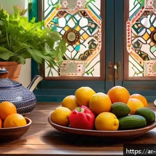 예방의학 전문가 필수 이론 정리 - A vibrant and colorful Arabic kitchen scene featuring a traditional wooden table filled with fresh f...