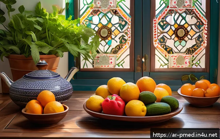 예방의학 전문가 필수 이론 정리 - A vibrant and colorful Arabic kitchen scene featuring a traditional wooden table filled with fresh f...