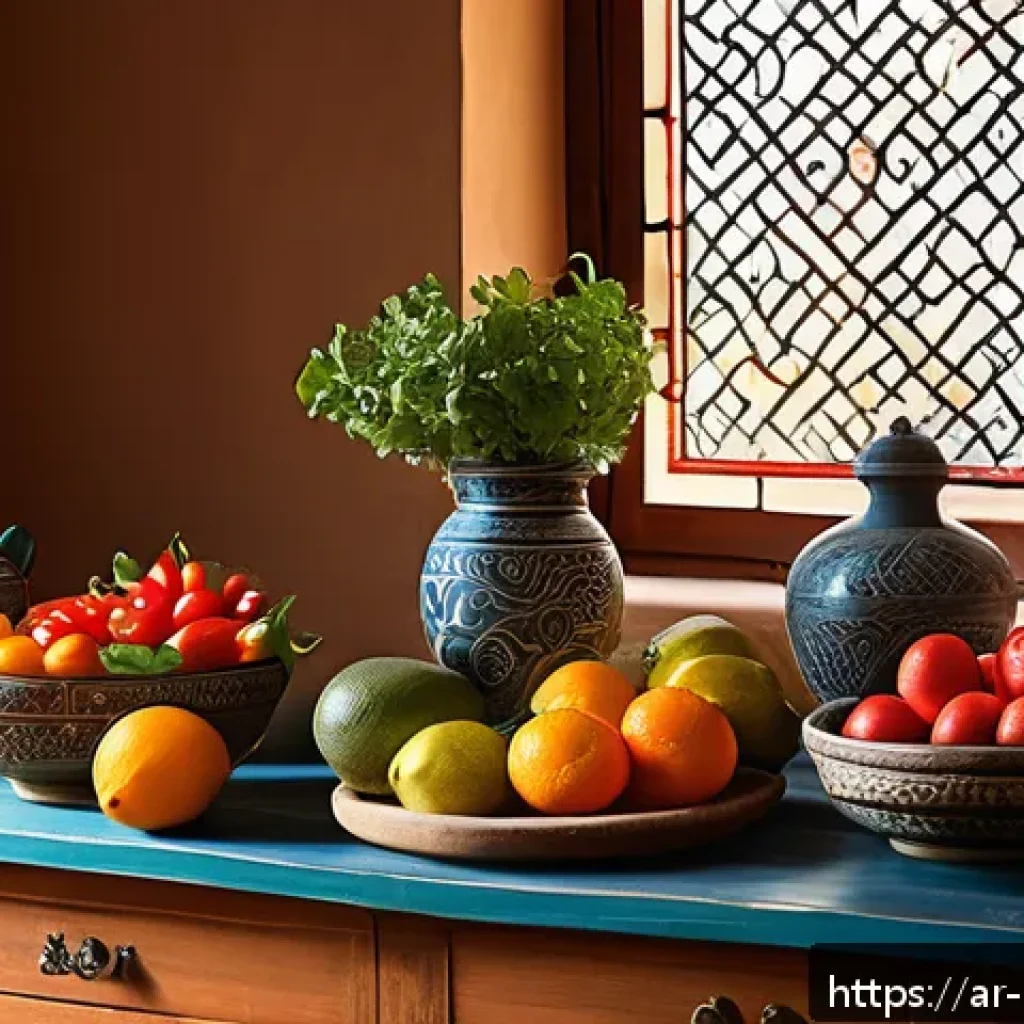 예방의학과 건강증진 캠페인 - A vibrant Middle Eastern kitchen scene featuring a variety of fresh fruits and vegetables rich in vi...