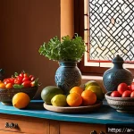 예방의학과 건강증진 캠페인 - A vibrant Middle Eastern kitchen scene featuring a variety of fresh fruits and vegetables rich in vi...