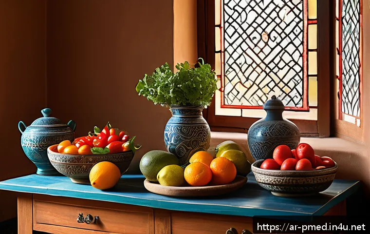예방의학과 건강증진 캠페인 - A vibrant Middle Eastern kitchen scene featuring a variety of fresh fruits and vegetables rich in vi...