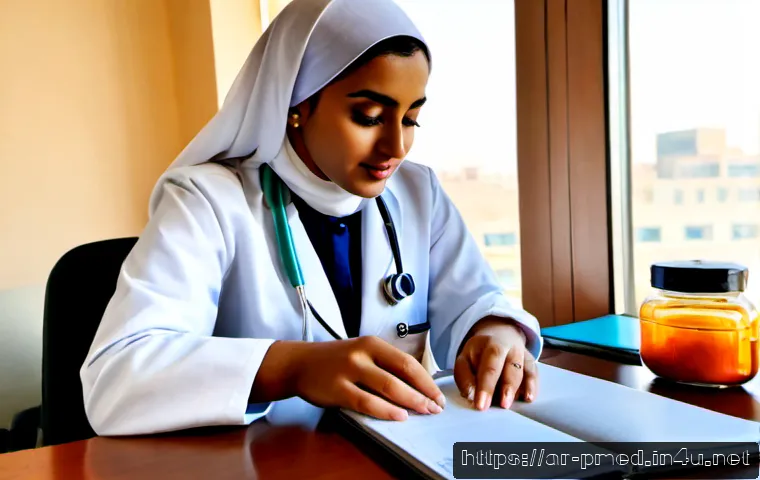 예방의학 전문가의 글쓰기 스킬 - Photorealistic editorial scene of an Arab preventive medicine specialist in a modest white medical c...