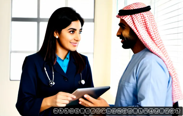 예방의학 컨설팅 사례와 피드백 - Photorealistic preventive medicine consultation in a modern Middle Eastern clinic, Arab female physi...