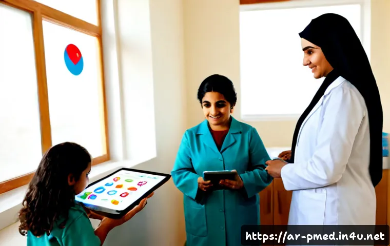 예방의학 직무와 역할 이해 - Photorealistic preventive medicine physician in a modest white coat consulting with an Arab family i...